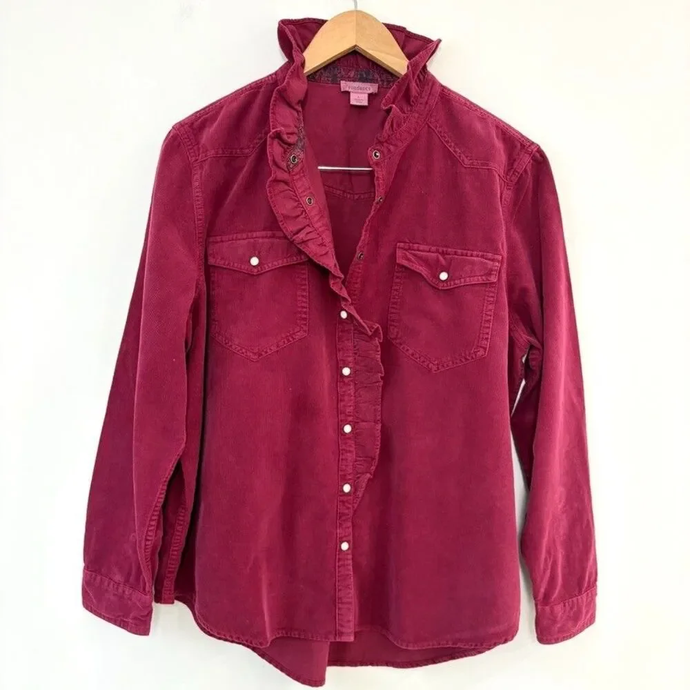Sundance Burgundy Fine Corduroy Ruffle Front Pearl Snap Shirt Sz L Western Boho - Picture 2 of 8